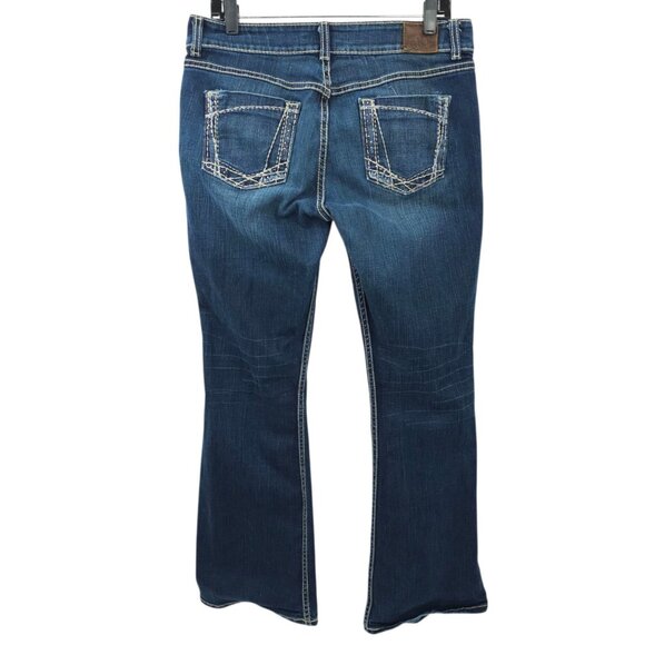 BKE Culture Stretch Boot Cut Jeans Womens 33 Mid Rise Distressed Whiskered Denim - Picture 2 of 15